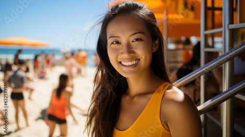 smile of filipino lifeguard woman, beach ocean background. photo