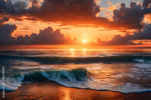 a painting of a sunset over the ocean with waves crashing on the shore and clouds in the sky over the ocean and the beach area 3d rendering