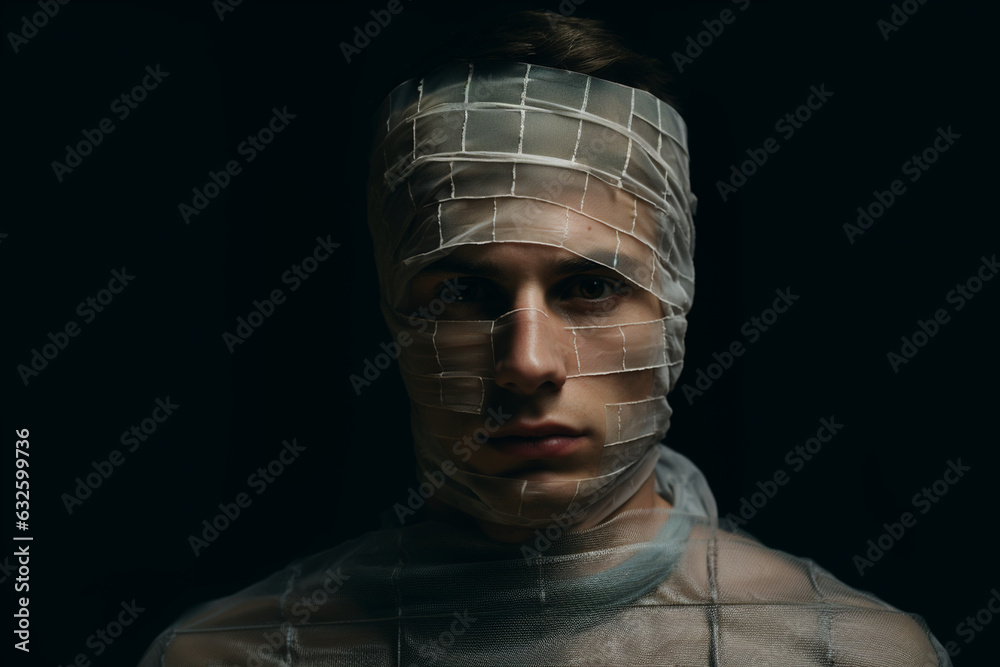 Aesthetic photo, man's face bandaged 