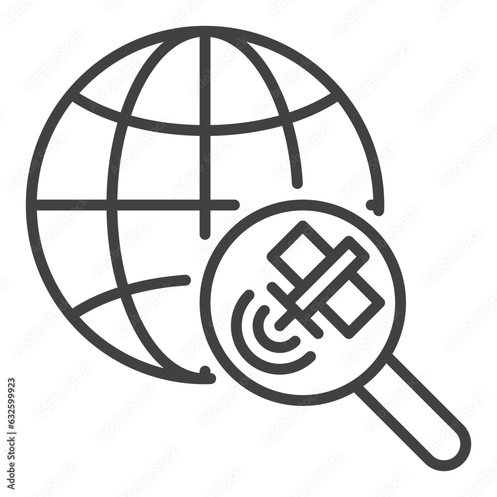 Magnifier with Satellite and Earth Globe vector concept linear icon Magnifier with Satellite and Earth Globe vector concept linear icon