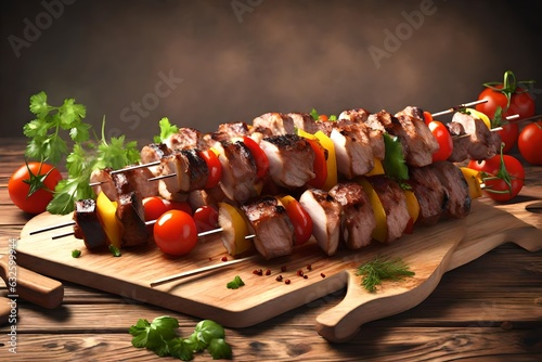 Grilled meat skewers, shish kebab with vegetables on wooden board. Good food. Delicious food 3d rendering