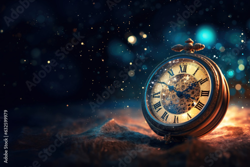 montre ancienne dans un décor mystérieux et mystique d'une nuit étoilée, arrière plan flou