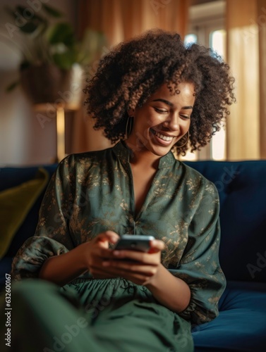 Photo of a black woman sitting on a couch at home and typing on her phone. Generated by AI