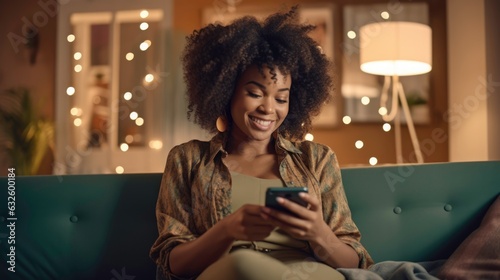 Photo of a black woman sitting on a couch at home and typing on her phone. Generated by AI