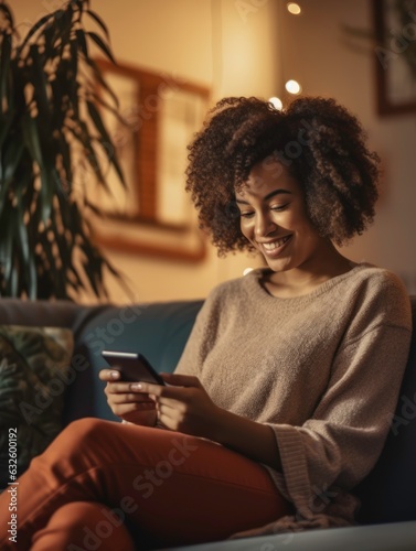 Photo of a black woman sitting on a couch at home and typing on her phone. Generated by AI