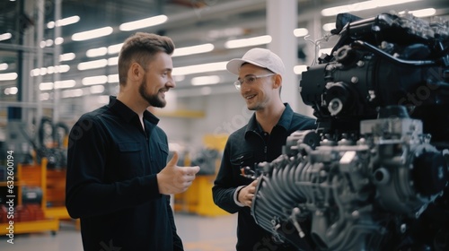 happy two engineers talk and discuss in factory of industry with big engine background, Generative AI