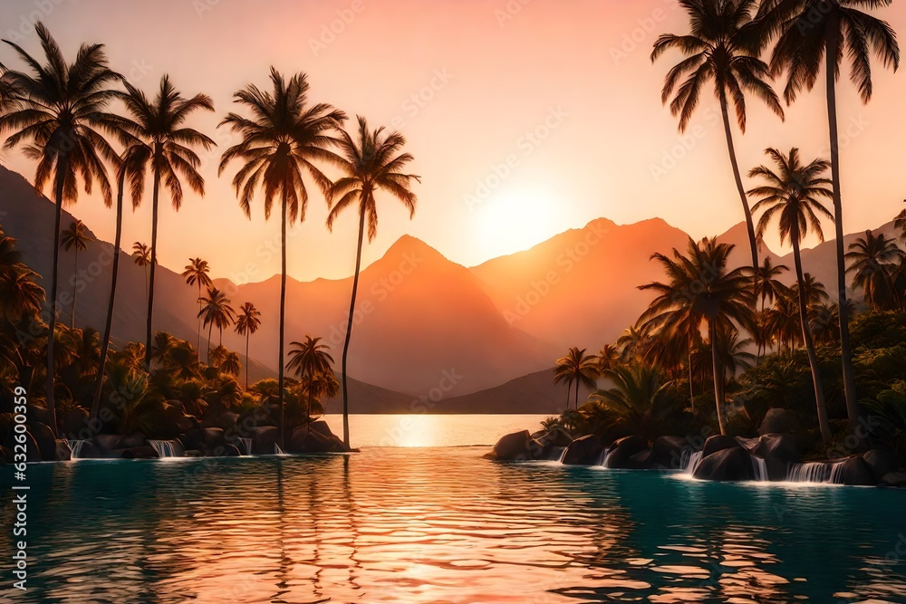 Palm trees against sunset sky, tropical coast with waterfall and mountains on a background, river, lake 3d rendering 