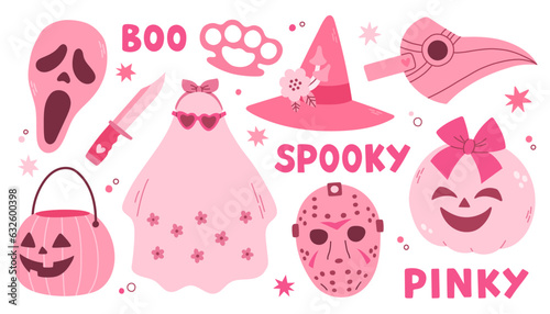 Pink Halloween vector set with ghost, skull, masks, pumpkin, stars. Pink print in flat style. Halloween lettering quote