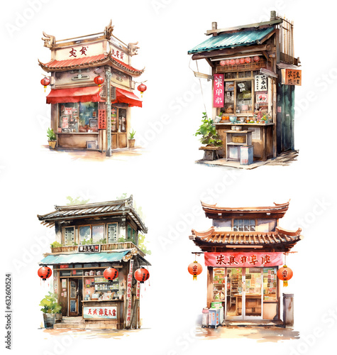 Set of watercolor traditional, asian shop illustration isolated on white. Generative AI