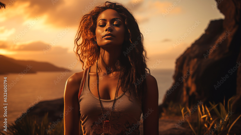 Fototapeta premium woman in sunset. exercise, yoga with sunset. ocean background. 