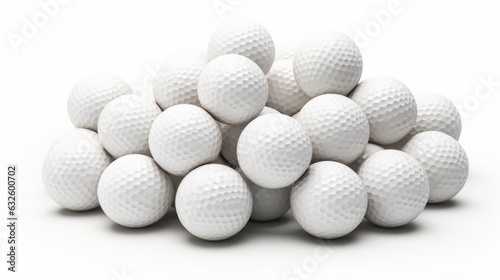 bunch of golf balls together closeup isolated on white background, copy space, 16:9