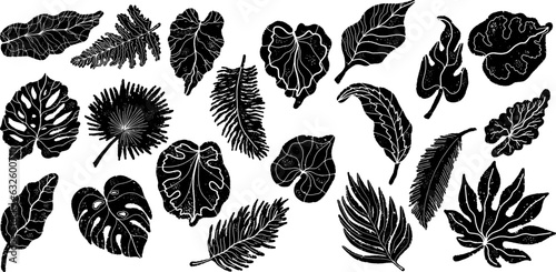 Texture tropical leaves, folk art, linocut, rustic style. Vector set, collection of elements.