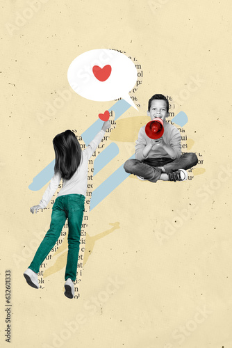 Vertical collage picture of two black white funny kids dialogue bubble communicate loudspeaker hold heart symbol isolated on beige background