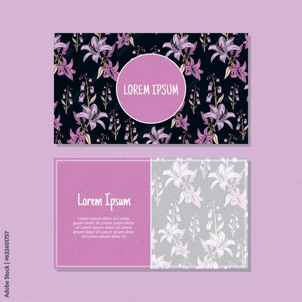 Fototapeta premium Business card template, flowers and leaves seamless pattern vector design. Double-sided creative business card template. Landscape orientation. Vector illustration.