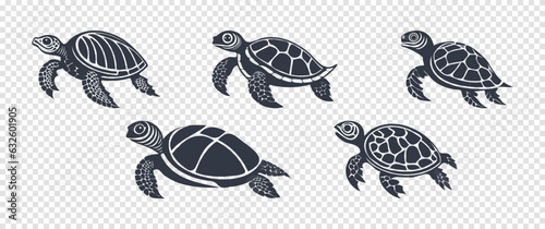 Vector set of simple graphic monochrome turtle icons. Stickers. Reptiles. Isolated background.