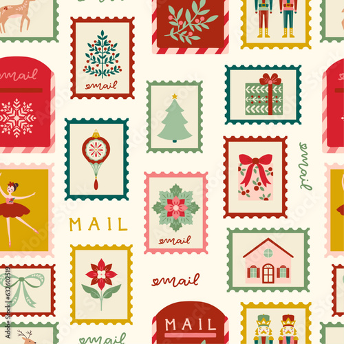 Vector Christmas Seamless Pattern with Mailbox and Stamps