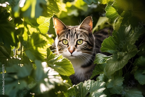 cat hiding in green leaves