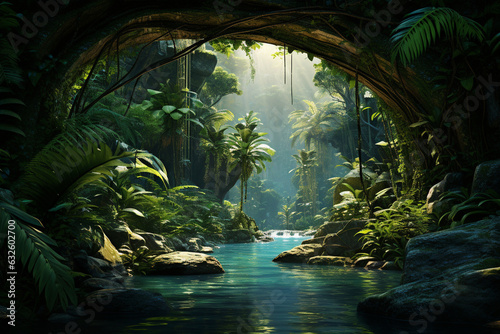 a vibrant tropical rainforest  showcasing the dense foliage and diverse plant life of this lush ecosystem Generative AI