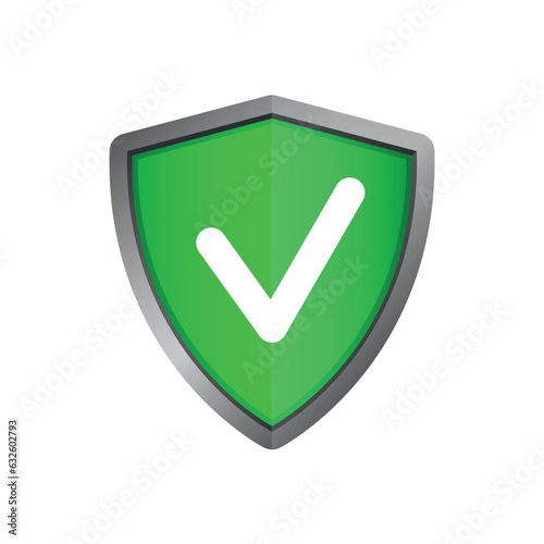 Shields with checkmark symbol. Metallic protection shield safe guard with a checkmark in the middle. Shield green with checkmark flat security isolated safety icon.