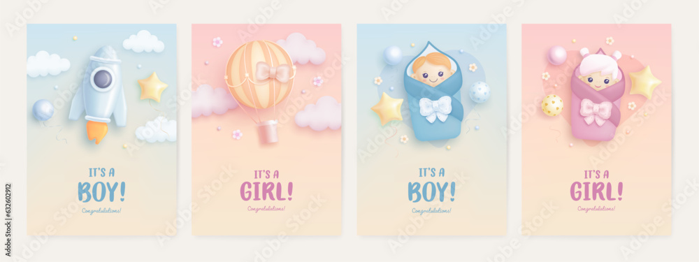 Set of baby shower invitation template with baby boy, baby girl, rocket, hot air balloon on colorful background. Its a girl, its a boy. Vector illustration Set of baby shower invitation template with baby boy, baby girl, rocket, hot air balloon on colorful background. Its a girl, its a boy. Vector illustration