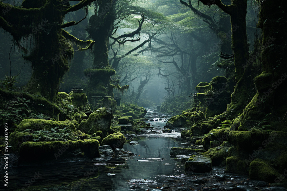 forest straight out of a fairy tale, with moss-covered trees and a magical ambiance Generative AI