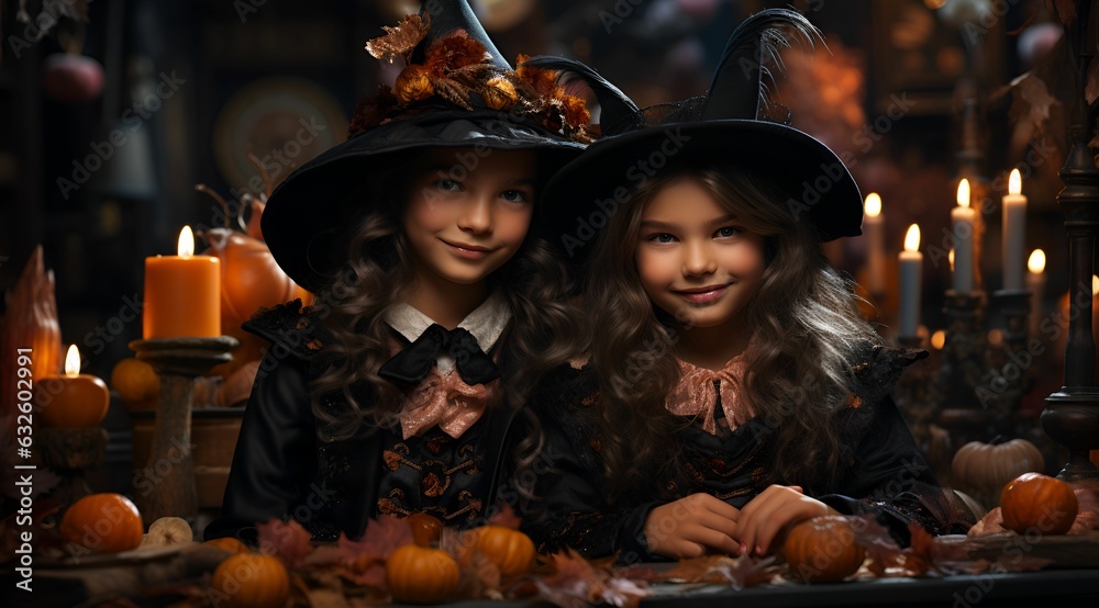 portrait of two little kids wearing witch hat costumes to celebrate halloween. Generative AI