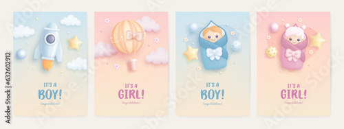 Set of baby shower invitation template with baby boy, baby girl, rocket, hot air balloon on colorful background. Its a girl, its a boy. Vector illustration