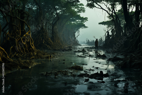 mangrove forest, featuring stilt-like roots and a complex ecosystem thriving in brackish water Generative AI photo