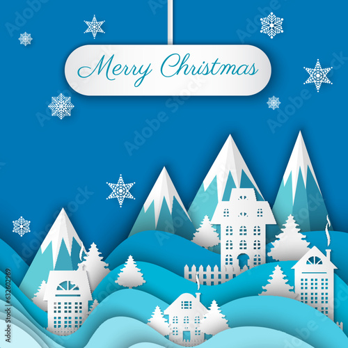 Vector winter night scene with fir trees, houses, moon, mountaines, snowflakes and snow in carving style. Festive layered blue background paper cut Christmas village and snowfall, greeting card