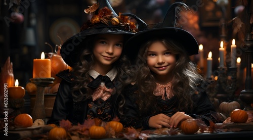 portrait of two little kids wearing witch hat costumes to celebrate halloween. Generative AI