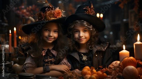 portrait of two little kids wearing witch hat costumes to celebrate halloween. generative ai