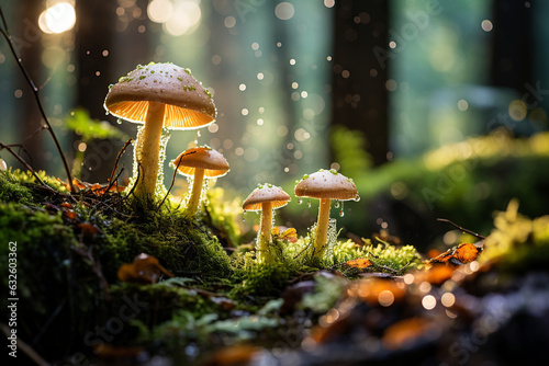 Sunlit Mushrooms in Mossy Forest Generative AI