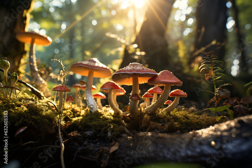 Sunlit Mushrooms in Mossy Forest Generative AI