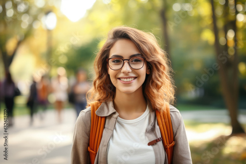 A student girl with a backpack and glasses in the park in autumn Fototapeta