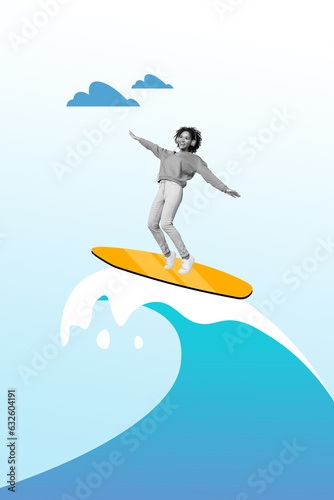 Canvas Print Vertical creative composite abstract photo collage of happy excited woman riding