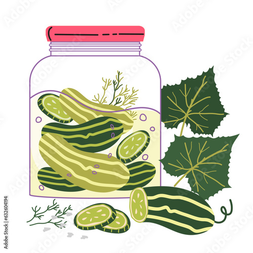 Pickled cucumbers jar with spices and herbs. Preserved vegetables in vinegar or brine, flat vector illustration isolated on white background. Pickled cucumbers or pickles for food labels.
