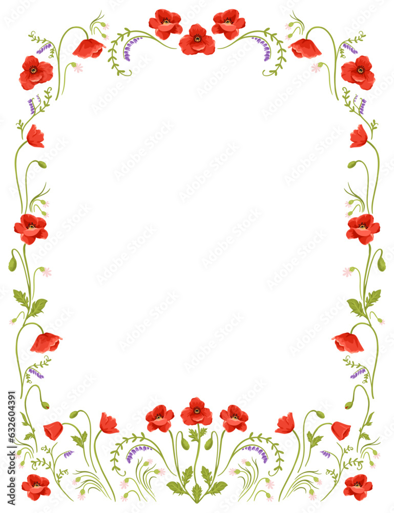 Vector floral frame with red poppies