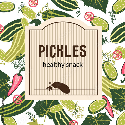Pickled cucumbers label or sticker design for food packaging and pickles jars, hand drawn vector illustration. Pickles and salty or marinate cucumbers label, tinned canned vegetables.