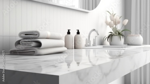 An empty white marble countertop on the white blurred interior of the bathroom. Generated by AI