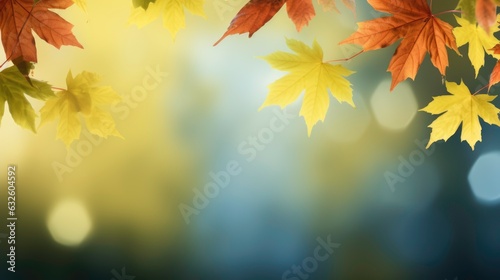 Autumn leaves background with Bokeh under sunlight with a copy of space. Generated by AI
