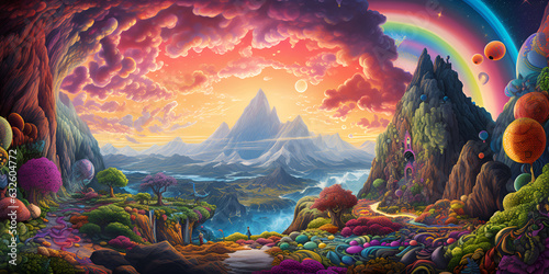 A jungle of giant flowers: a jungle where the plants are larger than life, with flowers as big as trees and vines that reach the clouds. a landscape featuring a colorful, vibrant jungle and rainbow 