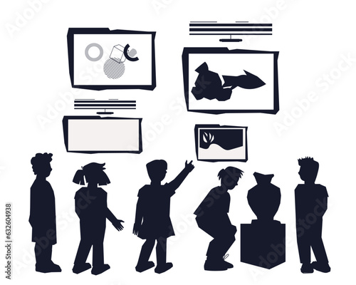 Kids in art museum black outline silhouettes. Black contourts of children with guide in art gallery, vector illustration isolated on white background.