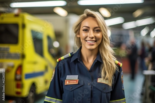 Portrait of a smiling female paramedic blurred background ambulance. Generated by AI