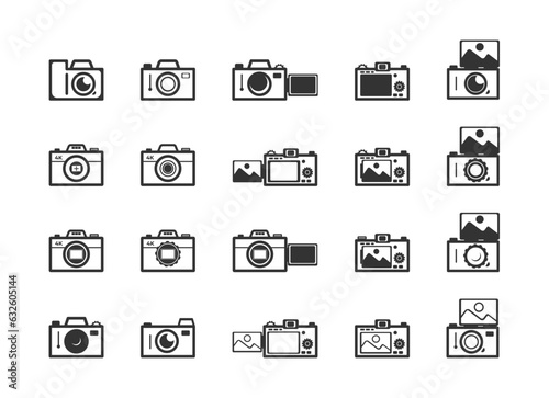 Photo Camera Set Icon of Body Lens Monitor View Flip wity Various Lens Type on White Background