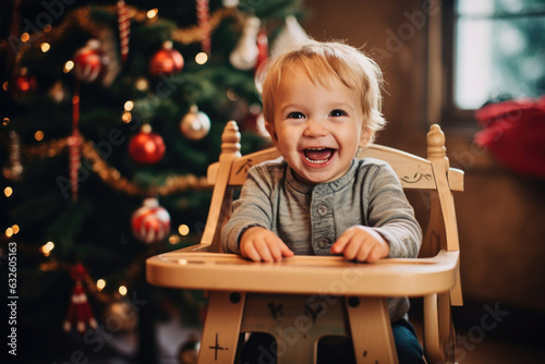 A happy boy is sitting in a chair near the Christmas tree and laughing