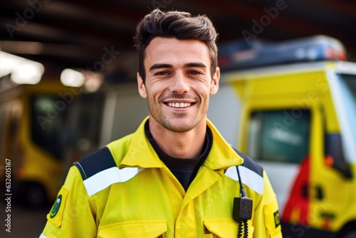 Portrait of a smiling male paramedic of a blurred ambulance background. Generated by AI