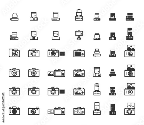 Black Photo Camera 42 Icons Set of Flip Mirrorless, Photography, Multimedia, Lens, Flat Outline Vector Icons 