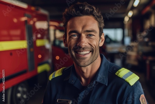 Portrait of a smiling male paramedic of a blurred ambulance background. Generated by AI photo