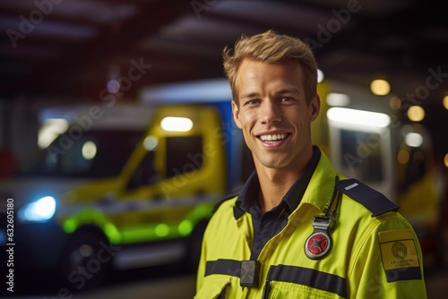 Portrait of a smiling male paramedic of a blurred ambulance background. Generated by AI photo