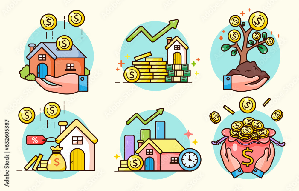 Fototapeta premium collection of Financial investment and growing business in cartoon style